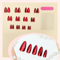 24 faux ongles en acrylique rouge cerise effet œil de chat, forme amande, à presser, amovibles, couvrance totale, avec colle