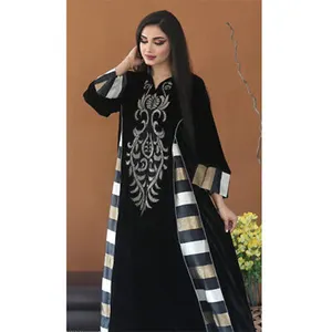New Fashion Velvet Abaya Women Muslim Kaftan Embroidery V Neck Dress Party Gown Islamic Jilbab Robe