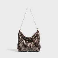 Sac Hobo de Luxe Designer à Paillettes pour Femme, Sac à Bandoulière Noir Scintillant en Forme de Croissant avec Poignée en Faux Perles, Sac Fourre-tout Bandoulière