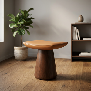 Modern Leather Ottoman <b>Stool</b> with Wood Base Midcentury Design Home Furniture - Product Image 1