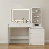 Table de maquillage en bois rose avec miroir LED 3 couleurs, plusieurs étagères et tabouret