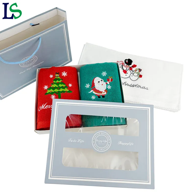 Amazon Nouvelle tendance Cadeau de Noël Serviette en coton de différentes couleurs unies avec logo brodé Set Serviette en coton promotionnelle