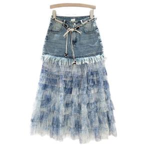 Jupe longue en jean élégante pour femme, taille haute, style décontracté streetwear, plissée, coupe irrégulière, unie - Product Image 1