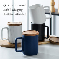 Grande Tasse à Café en Céramique Nordique Mat 15oz avec Logo Personnalisé, Couvercle en Bois et Boîte Cadeau – Bleu, Noir, Blanc