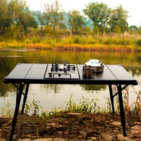 Table de camping pliante portable en alliage d'aluminium avec finition bois, panier en maille, réchaud de barbecue et assiettes (6, 7 ou 14 pièces)