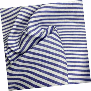Navy Blue Striped 100% Linen Silk Hemp Shirt Fabric Heavyweight Woven Printed For Dresses Home Textiles Cushions Girls And Boys
