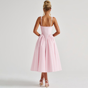 Personalizar diseño de moda estilo francés fresco a cuadros estampado ajustado sin espalda cuello Halter cintura delgada vestido de <span class=keywords><strong>princesa</strong></span> - Product Image 2