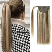 6/613 #   Extensions de cheveux naturels queue de cheval à enrouler, châtain foncé avec mèches blond doré, à clipser