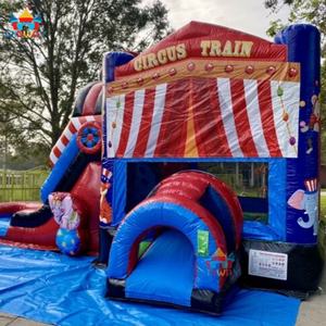 Location de château gonflable sur le thème du cirque avec structure en PVC, installation facile et capacité de 5 à 10 personnes - Combo aire de jeux et train pour le plaisir - Product Image 4
