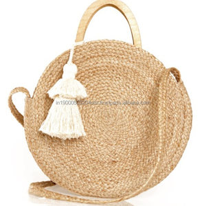Custom Made in Jute & White Hand Jute Purses with Shell <b>Trim</b> and Cotton <b>Fringe</b> <b>Trim</b> for Fashion Accessory Round Bag - Product Image 1