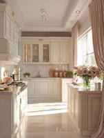 Cuisine modulaire minimaliste moderne en bois blanc nacré avec îlot en marbre et rangements personnalisables