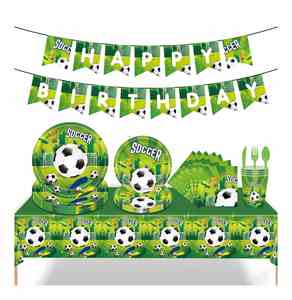 JIALIN Artículos para Fiestas con Temática de Fútbol Verde, Platos y Vasos Desechables de Papel - Product Image 1