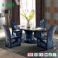 Ensemble de table à manger de luxe moderne en acier inoxydable poli effet marbre bleu, fait main, solution clé en main pour villa et manoir