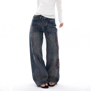 Jeans Americani Vintage Ricamati a Gamba Larga Curva, Vita Alta, in Denim di Bambù, Stile Casual e Streetwear - Product Image 2