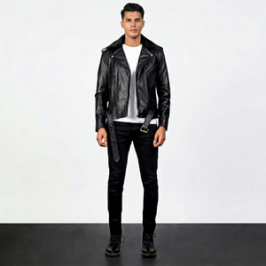 Chaqueta de Motero de Cuero Negra para Hombre con Cuello de Borrego, Piel de Cordero Genuina, Abrigo de Invierno Ajustado a la Moda - Product Image 1