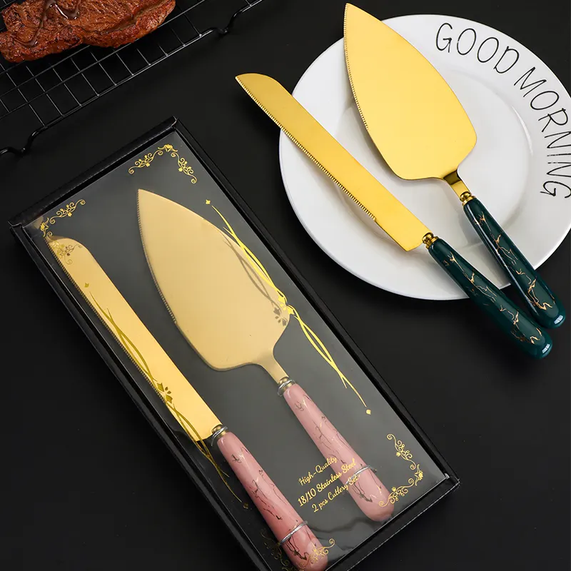 Party Wedding ceramic handle cake server cake knife set with box gold-plated Cake knife shovel and pizza shovel butter knife