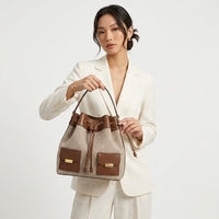 Sac fourre-tout de luxe en cuir véritable et toile pour femme, élégant et haut de gamme, avec cordon de serrage, sac à bandoulière