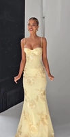 Chic Robes Longues Dos Nu Fleur Broderie 3D Robe de Soirée Licou Sexy Slim Coupe Sirène Élégante pour Femme