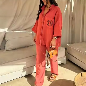 Abiti di cotone <span class=keywords><strong>Oversize</strong></span> di fabbrica in lino in tinta unita camicetta con bottoni e pantaloni larghi a gamba dritta set di 2 pezzi per <span class=keywords><strong>donna</strong></span> - Product Image 3