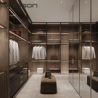 Sistema di Cabina Armadio di Lusso in Legno Scuro con Parete a Specchio, Espositore per Borse Birkin, Mensole LED, Pouf e Design Personalizzato
