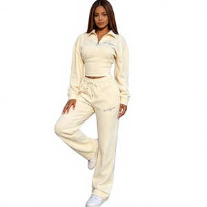 Ensemble de survêtement 2 pièces en coton éponge brodé pour femme, longueur standard, sweat-shirt à col rabattu, pantalon de jogging décontracté, écologique - Product Image 1