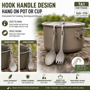 Titanium Cutlery Set Pure Titanium Spork Spoon and Knife Lightweight <b>Camping</b> Utensils with Hook Handle for Hiking Backpacking - Product Image 4