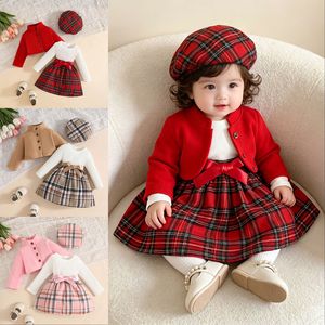 Ensemble Robe Automne-Hiver pour Filles de 0 à 3 <span class=keywords><strong>Ans</strong></span> avec Veste Manches Longues en Velours, Jupe à Carreaux Ceinturée et Béret – Ensemble Trois Pièces - Product Image 2