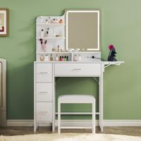 Coiffeuse blanche avec 4 tiroirs de rangement en tissu, chaise et étagères pour chambre à coucher