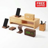Moderne bureau-accessoireset van natuurlijk hout - monitorverhoger met digitale wekker en bamboe telefoonhouder organizer