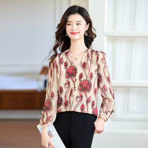 European Style Printed Collared Three Quarter Sleeve Shirt Women Floral Print Chiffon Loose Fit Elegant Top Everyday Wear - Product Image 3