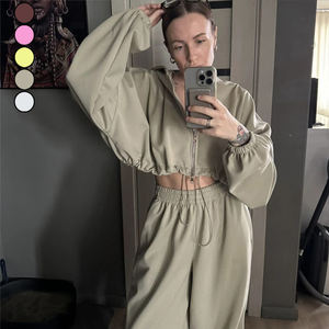 Dameskleding Cropped taille-aansluitende korte hoodie wijde joggingbroek <span class=keywords><strong>2</strong></span>-delige set casual outfit sportkleding gymkleding - Product Image 6