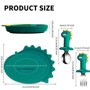 Cuillères et fourchettes en acier inoxydable de 3 pièces avec plaques d'aspiration en forme de <span class=keywords><strong>dinosaure</strong></span>, ensemble d'alimentatio - Product Image 2