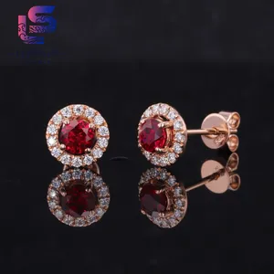 Fine Jewelry 14K Rose Gold Earrings Classic Halo Style Stud Lab Grown Ruby Gemstone With Moissanite Diamond Studs