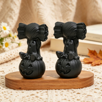 Statue en Obsidienne Noire Naturelle en Forme de Citrouille Fantôme avec Sculpture de Bonbons, Polie à la Main, Décoration d'Halloween, Cadeau
