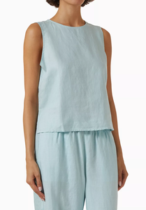 Completo Estivo Casual da Donna in Due Pezzi, Top <span class=keywords><strong>Blu</strong></span> in <span class=keywords><strong>Lino</strong></span> a Collo Tondo e <span class=keywords><strong>Pantaloni</strong></span> Larghi in <span class=keywords><strong>Lino</strong></span>, Set 2 Pezzi - Product Image 3