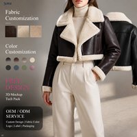 Blouson Aviateur Femme Hiver en Polyester Coton et Cuir PU, Coupe Courte, Bordure en Fausse Fourrure, Col Large Rabattable, Fermeture Éclair sur le Devant, Vente en Gros