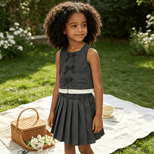 Conjunto de 2 Piezas para Niñas: Chaleco sin Mangas con Cuello Halter y Nudo Chino, Minifalda Plisada con Cintura Elástica y Bolsillos, Estilo Preppy Casual - Product Image 3