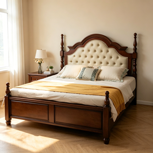 Traditional Upholstered Wooden Bed Frame Queen Size Mahogany Solid Wood Soft Bed with Tufted Headboard and Spindle Posts - Product Image 4
