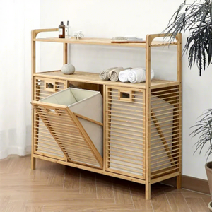 Cesto Portabiancheria Moderno in Bambù <span class=keywords><strong>ECO</strong></span> GO Personalizzato, Resistente, con Scomparto Estraibile, Sacchi Interni per Cesto, Cesto per Vestiti Sporchi per Bagno - Product Image 1