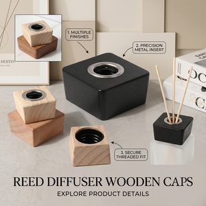 Vietnam WeWood Custom Black Matte Square Wooden <b>Diffuser</b> Cap Cube Timber <b>Bottle</b> Collar Ash Wood Aromatherapy Top - Product Image 2