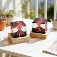 Lampe d'ambiance LED USB en résine en forme de cube de cristal volcanique 3D avec base en bois pour décoration intérieure et cadeau