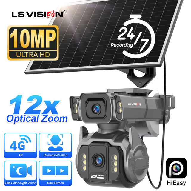 LS VISION 4MP  Dual Lens Solar Security Camera with 4G Sim Card 12X Zoom - AI Human Detection Auto Tracking Outdoor PTZ Camera