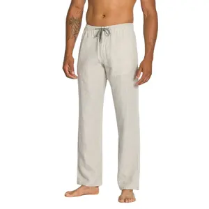 QYOURECLO özel Logo hafif İpli rahat düz beyaz erkekler % 100% keten pamuklu pantolonlar