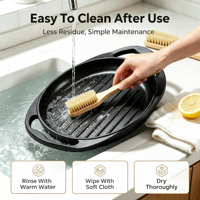 Poêle à griller ronde en fonte avec base en bois, à double poignée côtelée, pré-culottée pour steak, barbecue, camping, restaurant, personnalisable OEM