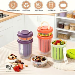 Gobelet à salade rond en plastique à double couche, récipient à fruits portable, gobelet de rangement pour le petit-déjeuner avec cuillère pour le bureau et l'école - Product Image 3