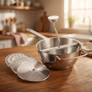 Moulin à aliments manuel en acier inoxydable de 1,6 L avec 3 disques, mixeur de cuisine pour écraser et râper les fruits et légumes - Product Image 1