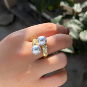 Anelli Regolabili con Doppia Grande Perla e Zirconi Cubici Brillanti per Donne, Gioielli per Feste, Fidanzamento, Anniversario e Matrimonio - Product Image 3