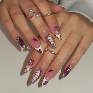 24 faux ongles à presser, motif floral bleu pailleté, strass, forme amande, imprimé léopard français, réutilisables, pour manucure DIY, idéal pour les fêtes - Product Image 1