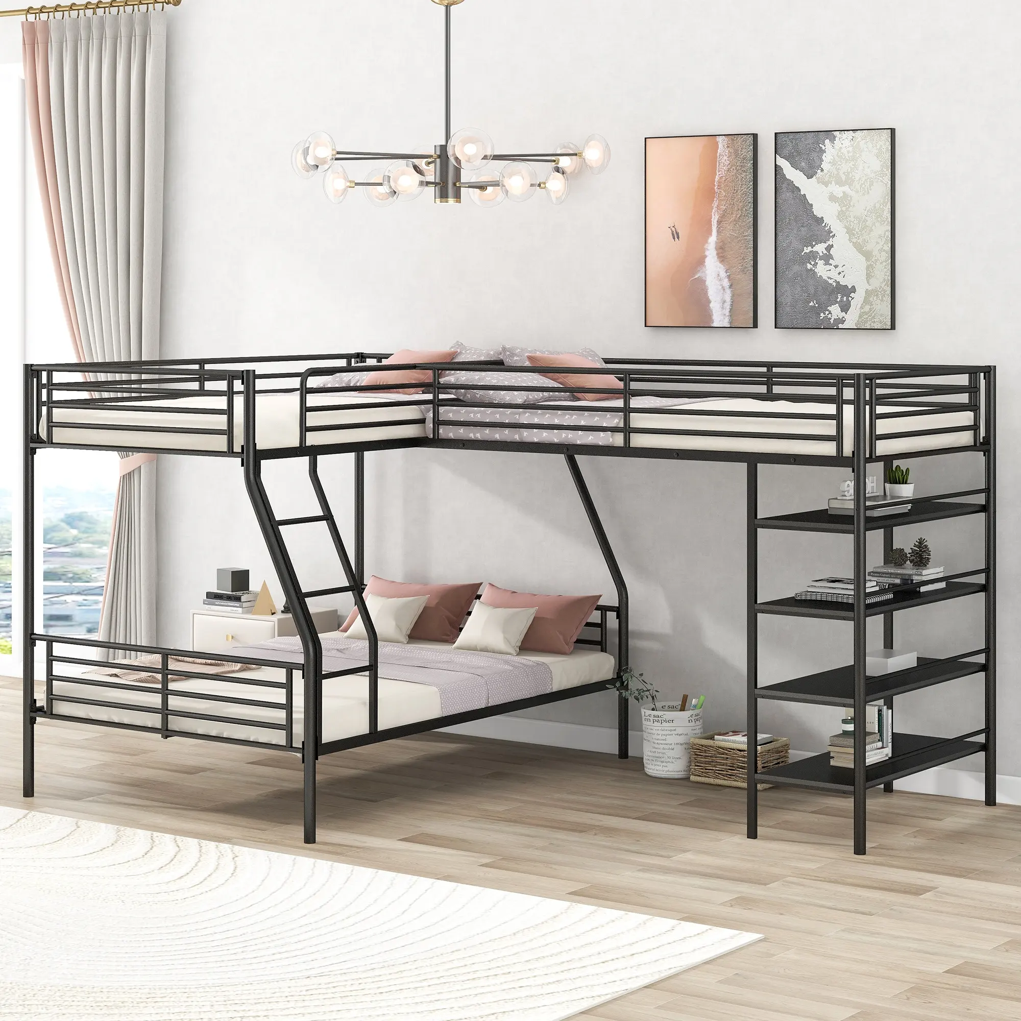 Bellemave home furniture widen metal triple bunk bed with storage racks and stairs metal bunk bed frame