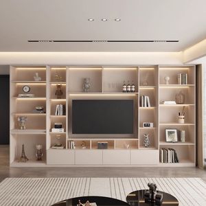 Mobile <span class=keywords><strong>TV</strong></span> Moderno Minimalista Beige con Illuminazione LED, Centro Intrattenimento Integrato con Scaffali Aperti e Cassetti - Product Image 2